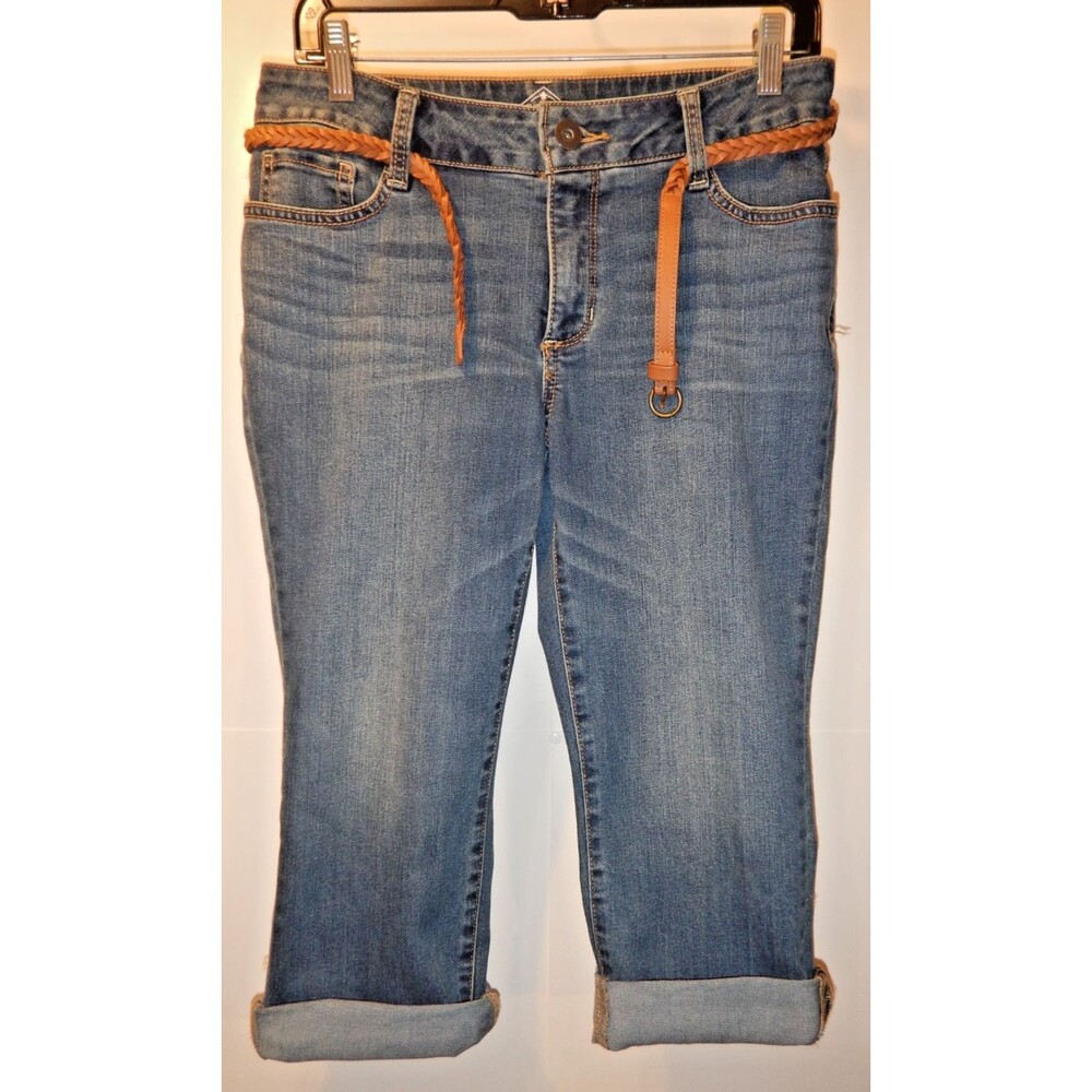 St Johns Bay Womens Capris 8P Petite Denim Cuffed Braided Belt Included Crop